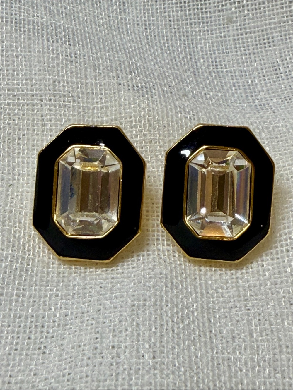 Vintage Trifari Black Enamel Emerald Cut Crystal Octagon Post Stud Earrings 1980